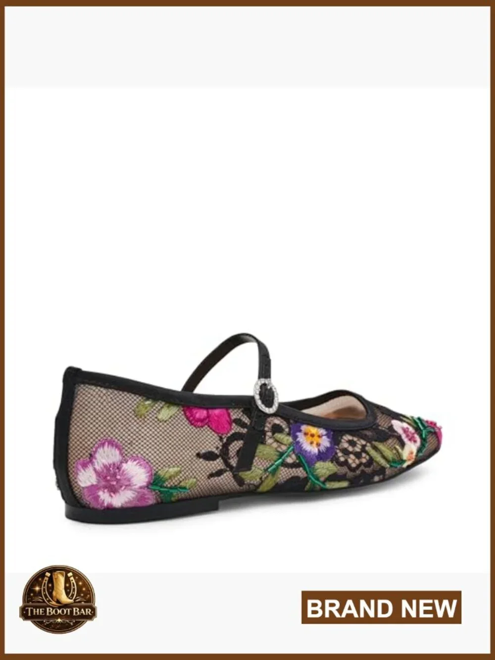 Floral Embroidered Ballet Flat with Ankle Strap and Buckle Closure